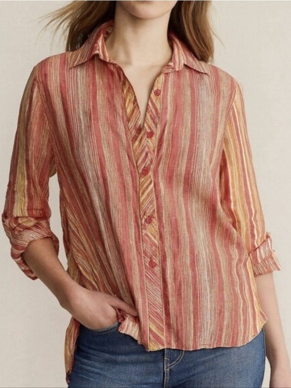 Coldwater Creek Striped Button Down 100% Linen Top Women's Pink Yellow Sz L